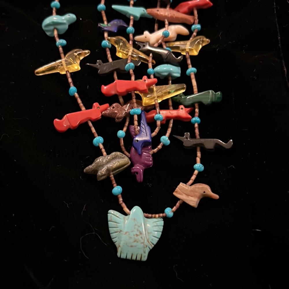 Vintage Native American Southwest multi strand carved gemstone necklace 32”
